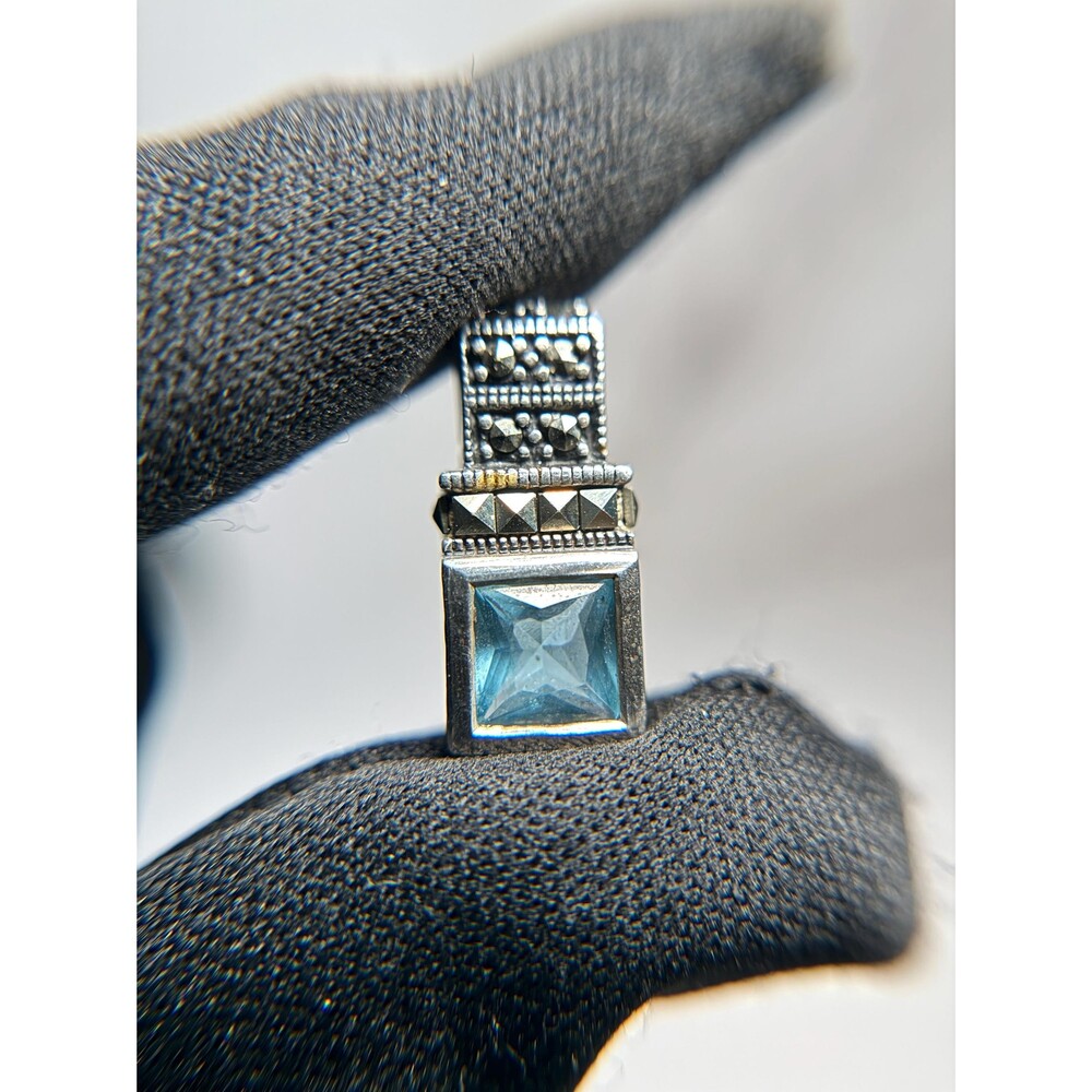 925 Sterling Silver Marcasite Pendant Blue CZ Square Art Deco Style
